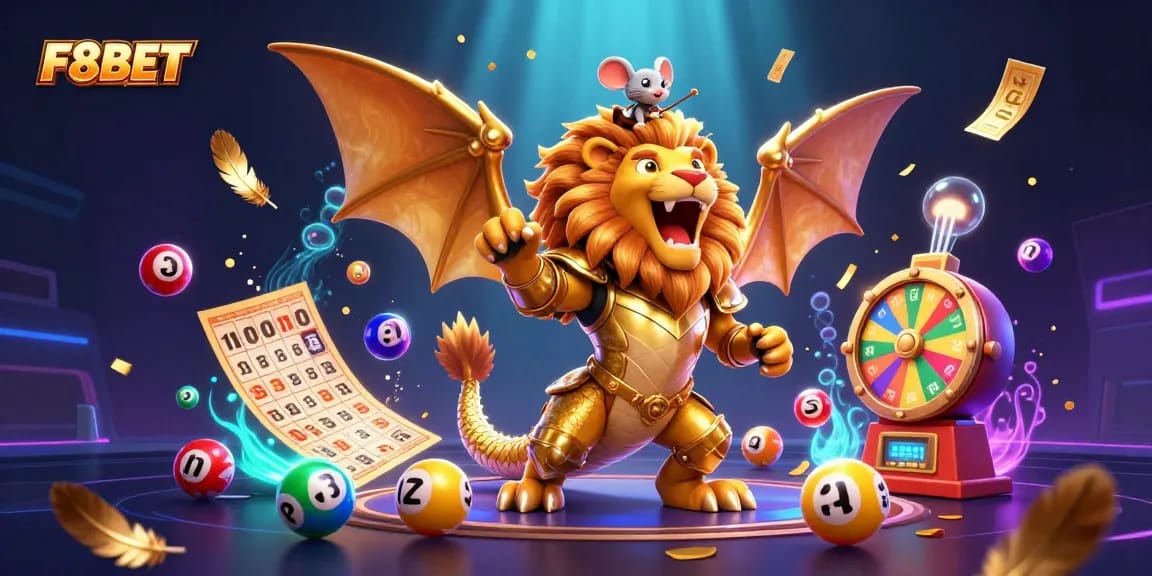 F8BET features a legendary chimera roaring as vibrant lottery balls scatter in a dynamic casino scene.