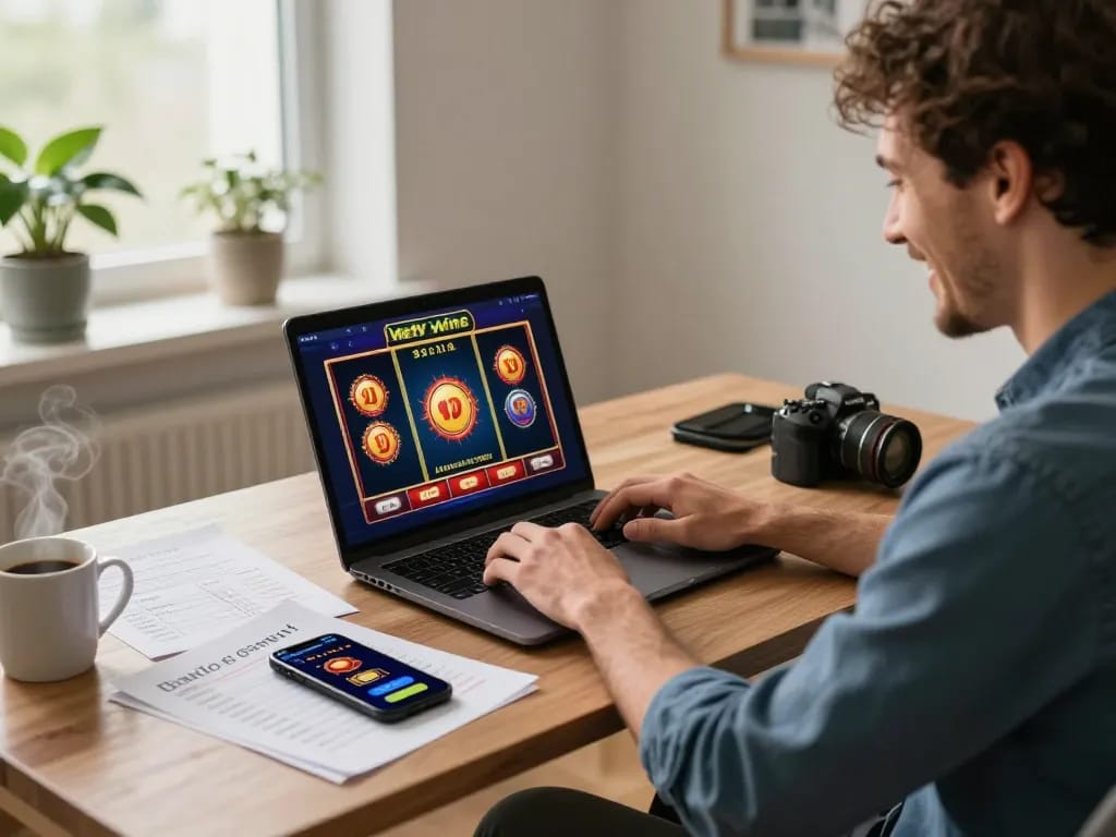 Player celebrating a big win on Kwin's online slots interface during a cozy home gaming session.