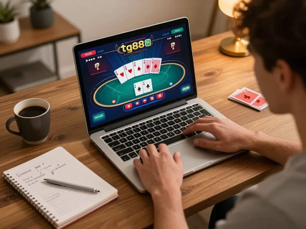Engaging poker game display on a laptop as tg88 promotes responsible online gambling strategies.