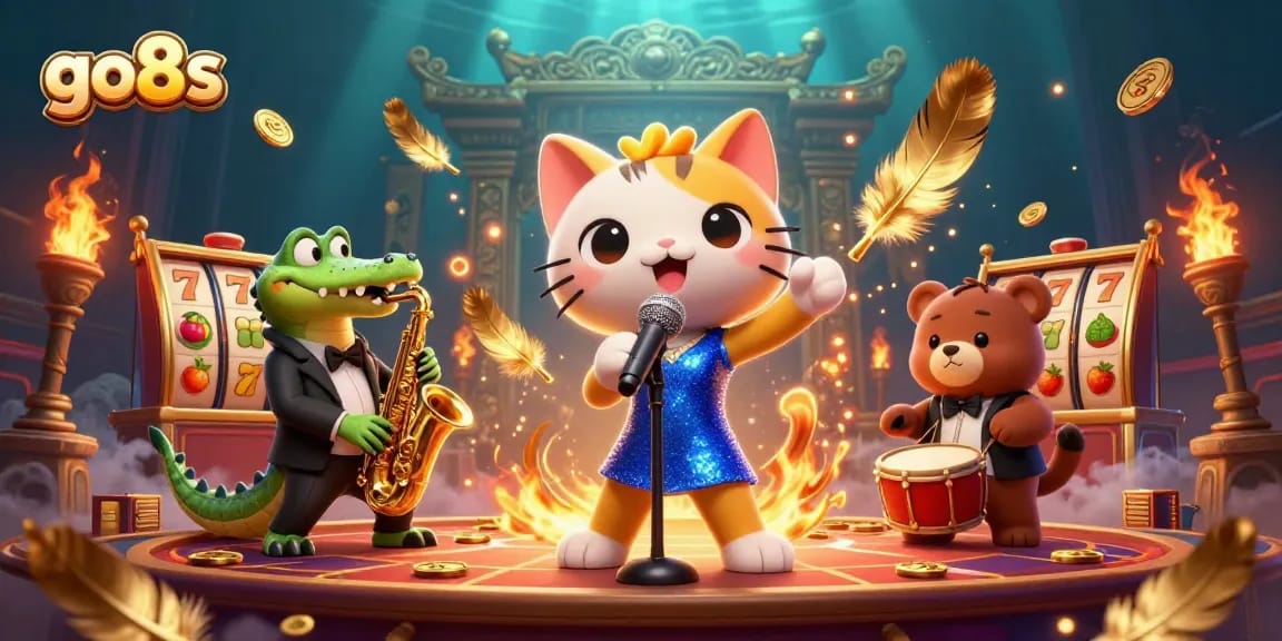 Experience thrilling excitement at go8s with a lively casino scene featuring a jazz-singer cat, saxophone crocodile, and drum bear.
