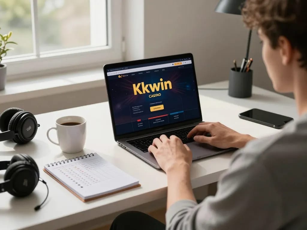 Kkwin player engaged in online gambling at a stylish home office setup, showcasing interaction with game interface.
