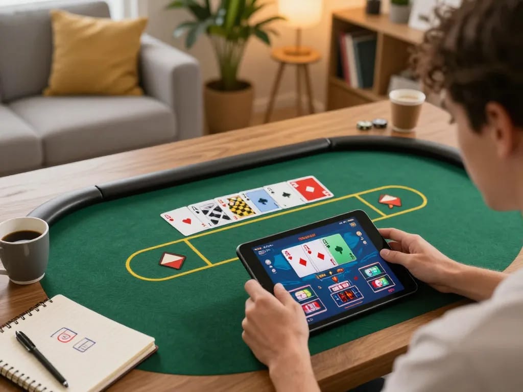 Person enjoying poker gameplay at home on 789club app while analyzing betting strategies.