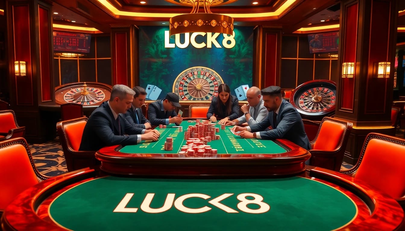Players strategizing at the LUCK8 poker table in a luxurious casino environment.