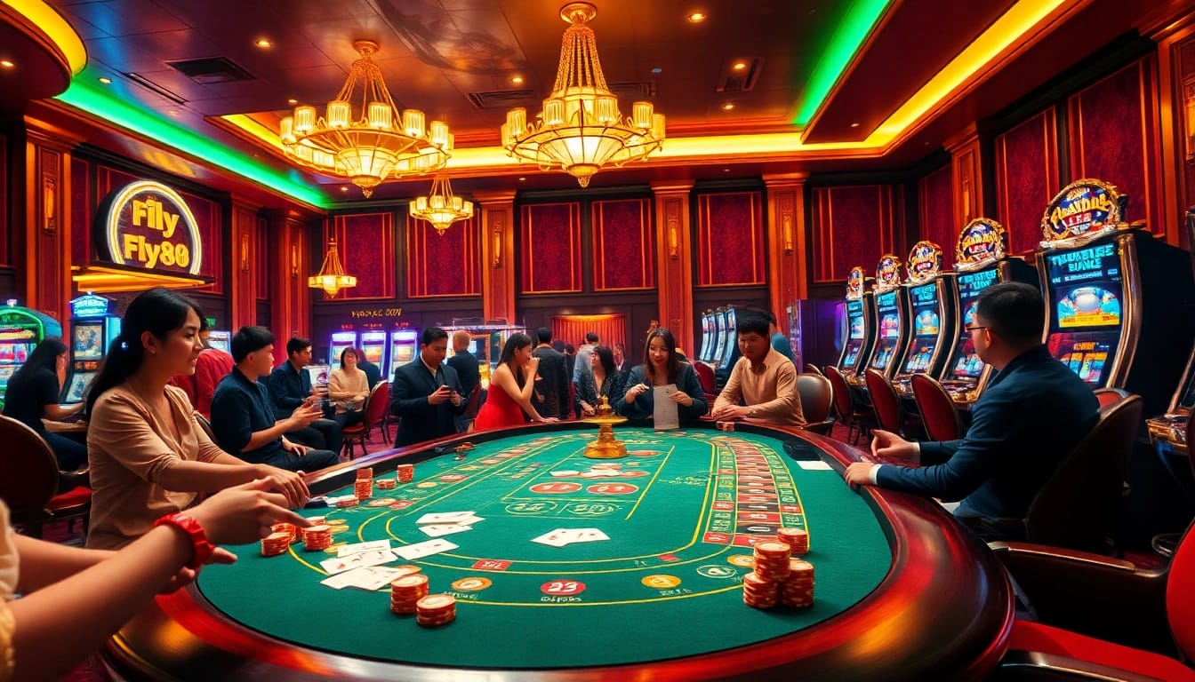 FLY88 gaming experience showcasing an exciting casino table with cards and chips.