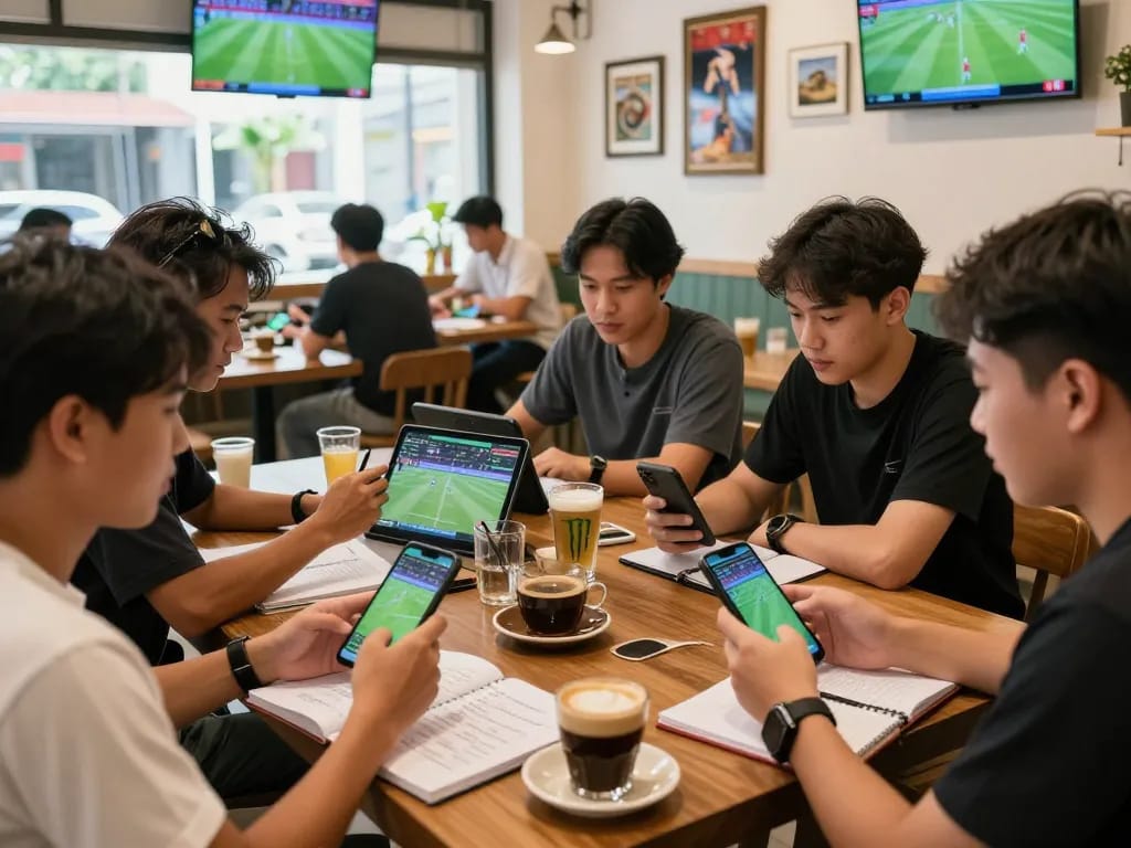 Friends analyzing kèo nhà cái odds in a bustling café while watching live football matches.
