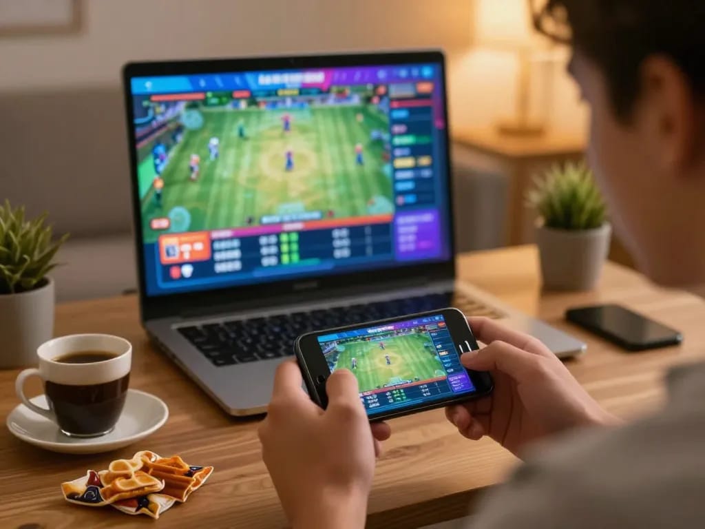 UU88 user placing strategic sports bets on a smartphone amidst a lively home atmosphere