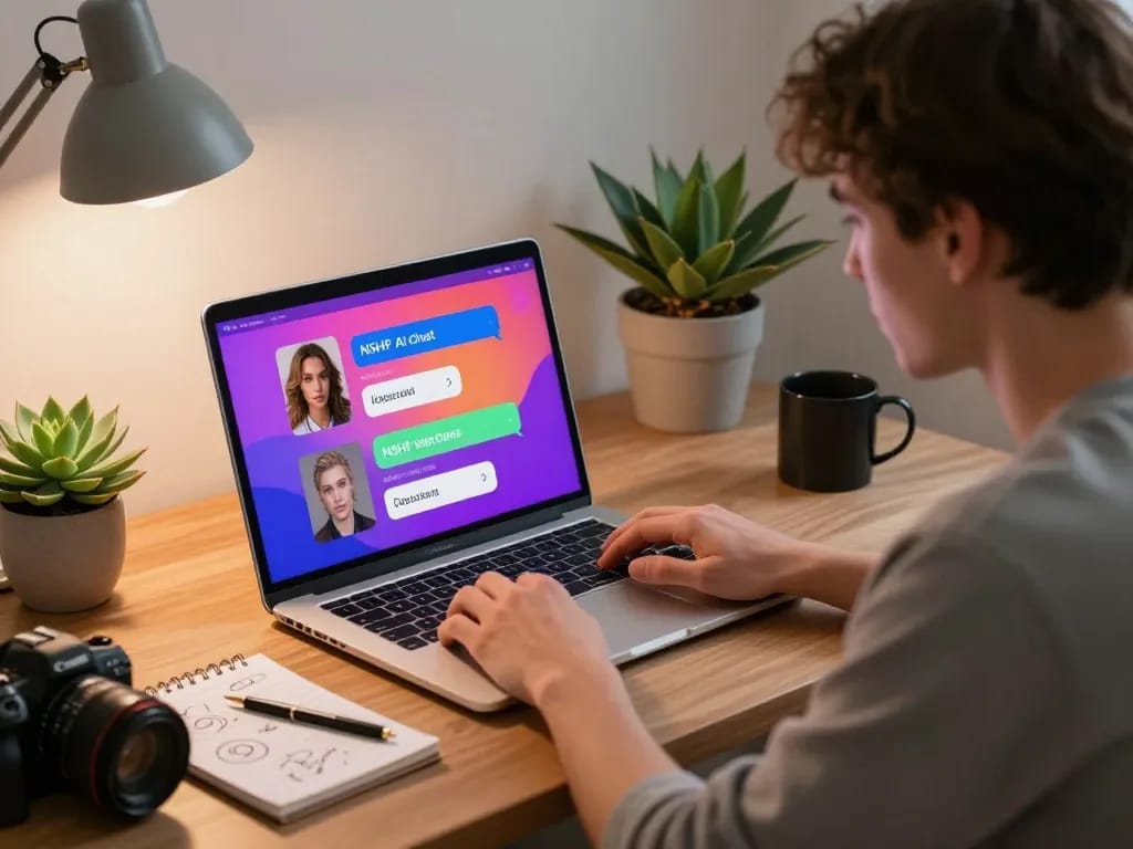 Engaging NSFW AI chat scene with a young adult exploring personalized conversations on a laptop in a cozy home office.