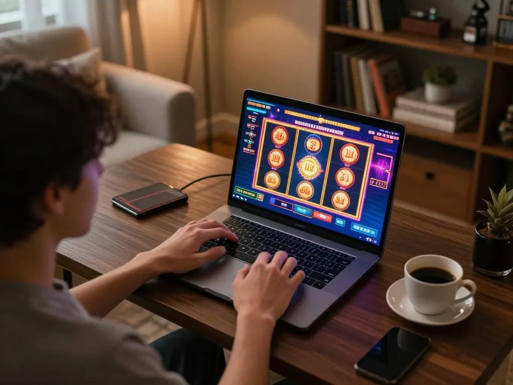 Engaging online gaming session at home showcasing okfun casino slots on laptop screen