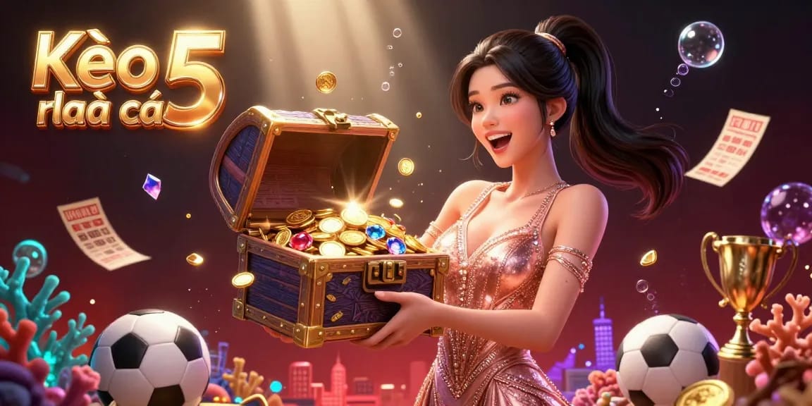 Kèo nhà cái 5 showcases a vibrant scene with a joyful woman revealing treasures, surrounded by sports betting elements and gems.