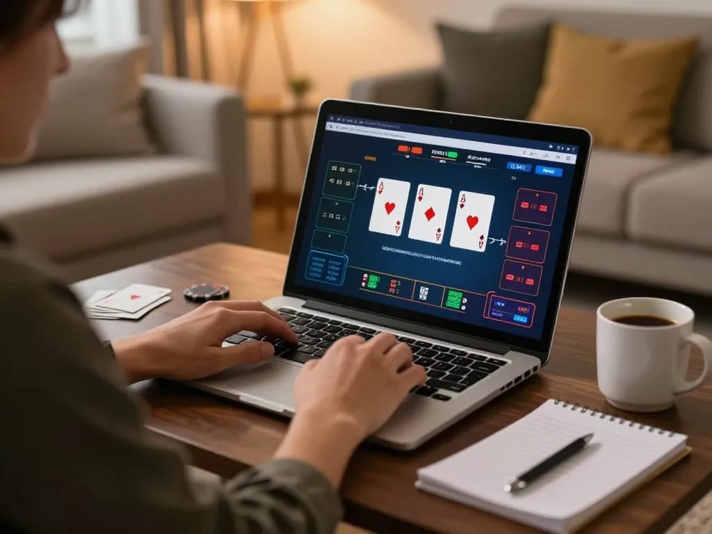 Player engaging in online poker at home, strategizing with 789win on the screen.