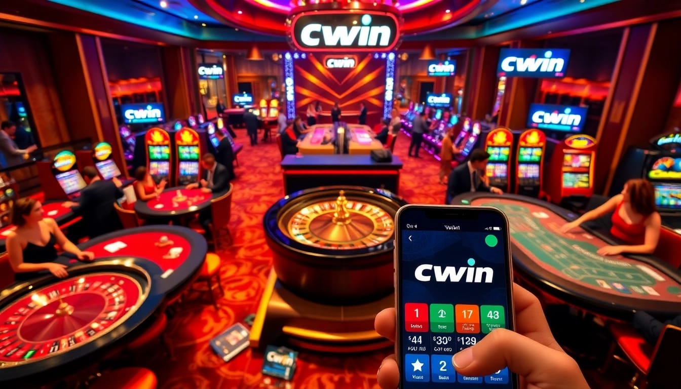 Cwin casino players engaging in exciting games at roulette and blackjack tables, showcasing vibrant atmosphere.