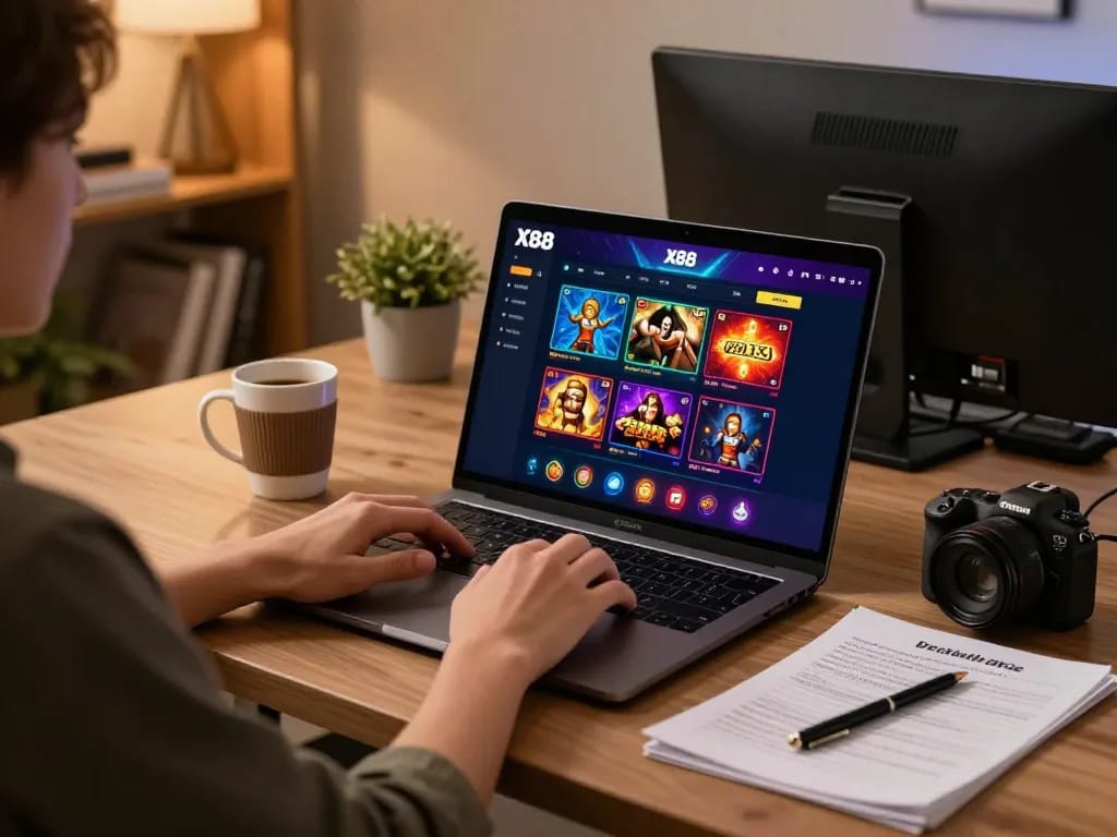 X88 online casino gameplay on a laptop with vibrant interface, person focused on strategic decisions.