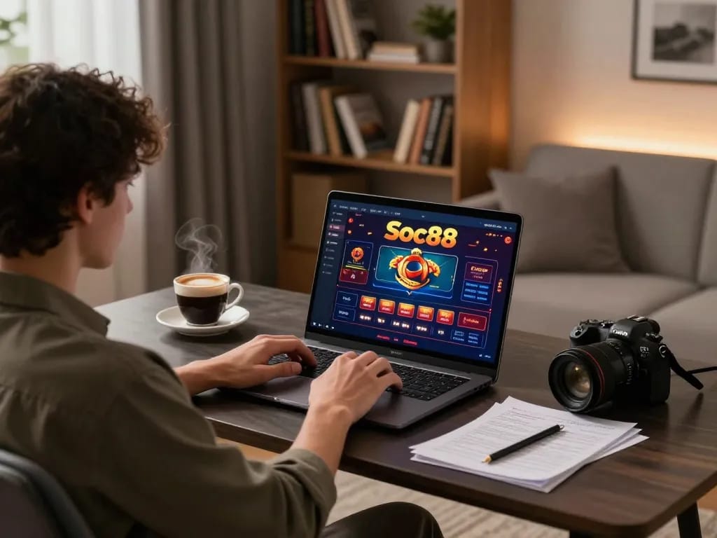 Soc88 player engaging with online casino games on stylish home setup, illustrating a comfortable gambling experience
