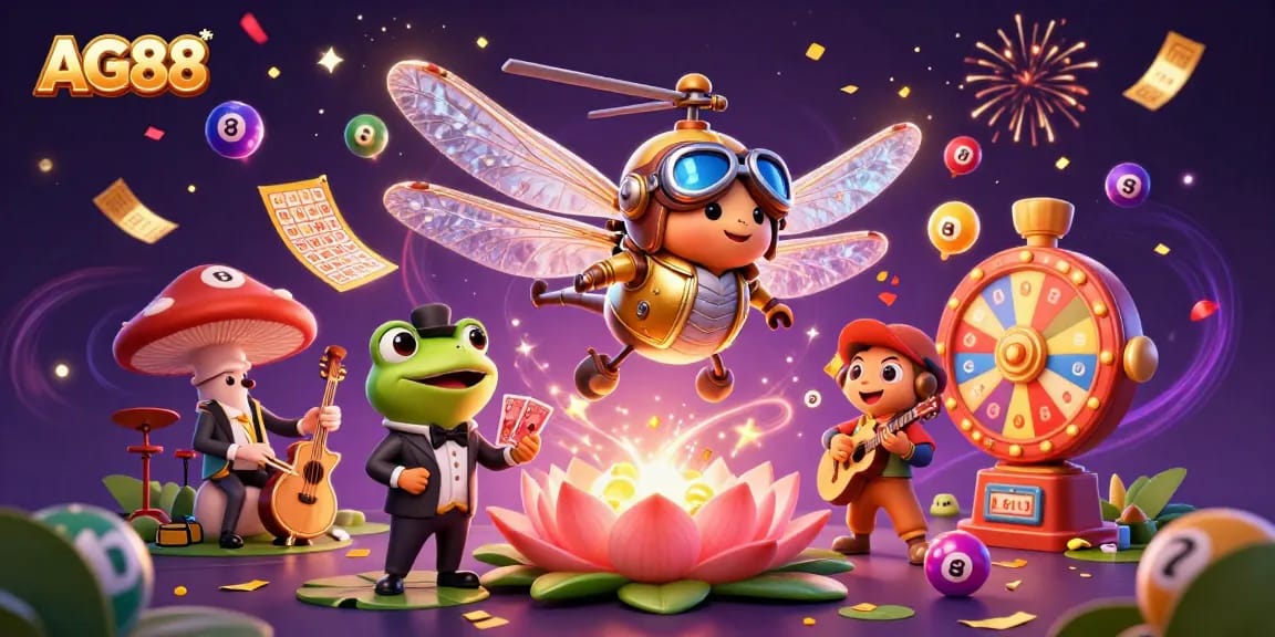 Join AG88 in an extravagant lily pad casino scene with lively characters and festive gambling elements.