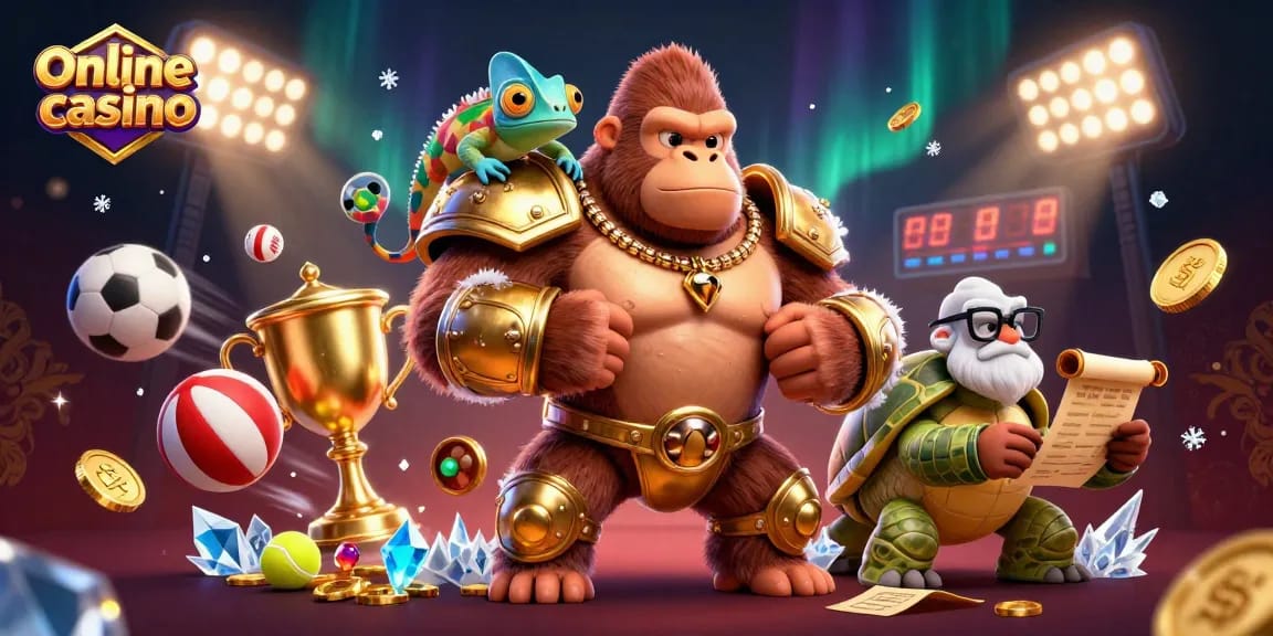 Experience an online casino adventure with a 3D gorilla king, chameleon spy, and tortoise elder.