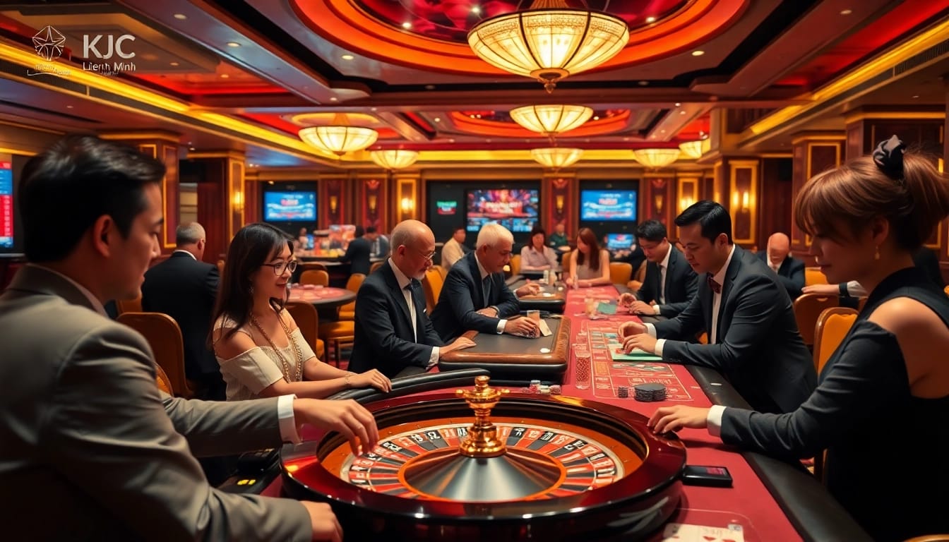 Liên Minh KJC players enjoying high-stakes gambling at luxurious casino tables with cards and chips.