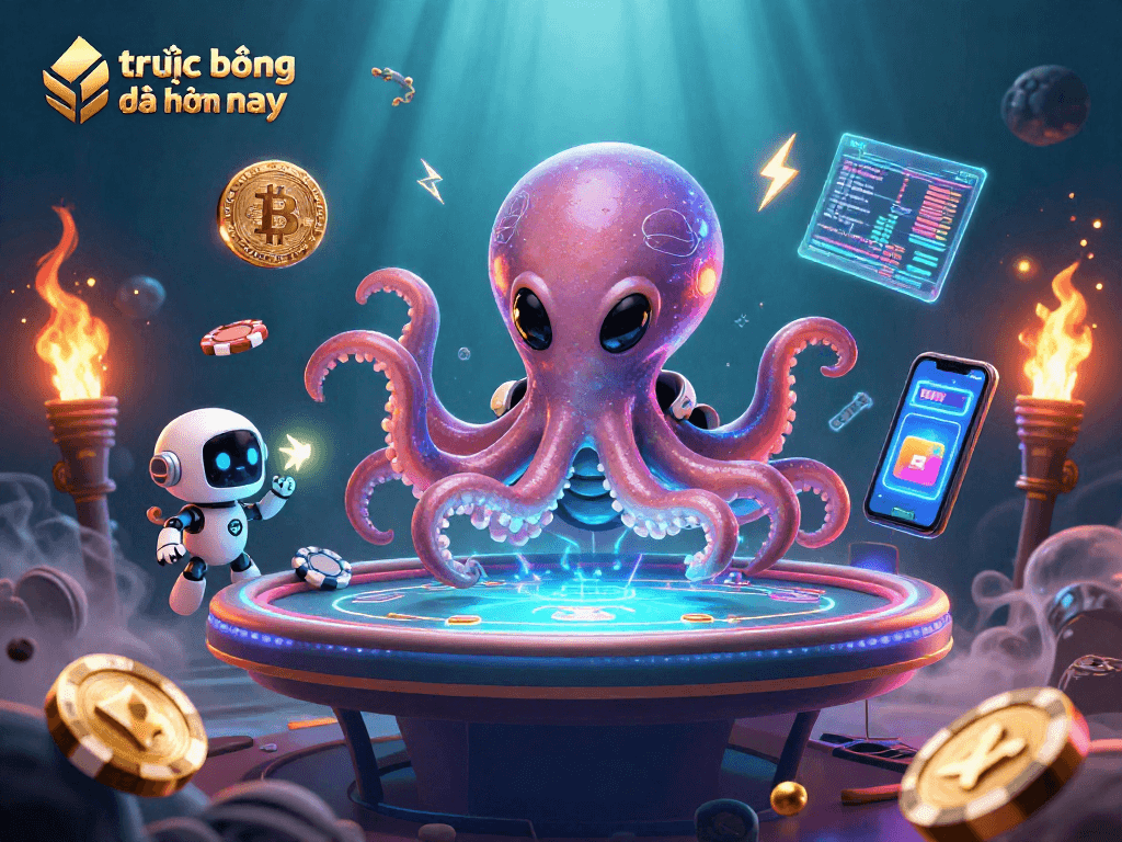 Experience "trực tiếp bóng đá hôm nay" with a vibrant alien scene at a holographic poker table!