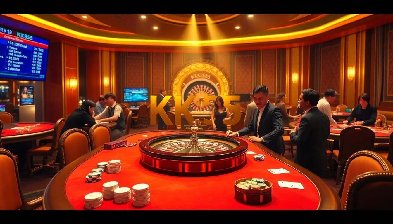 Exciting casino experience at KK55 with vibrant tables, poker chips, and a roulette wheel.