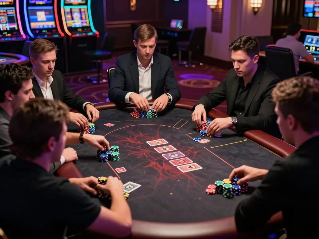 Engaged players at SHBET800's high-stakes poker table, highlighting strategic gameplay.