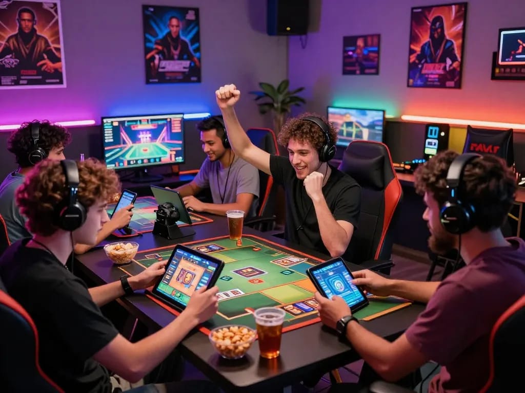 A lively gaming scene at https://canpack.gb.net/ featuring friends playing card games on computers and mobile devices, showcasing a vibrant atmosphere.