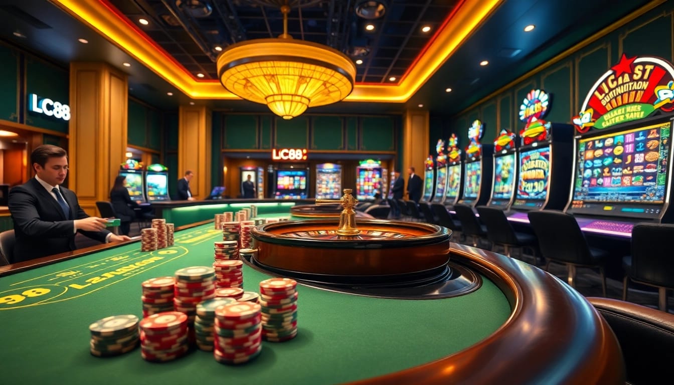 LC88 players engaging at a luxurious online casino with vibrant games and thrilling action.