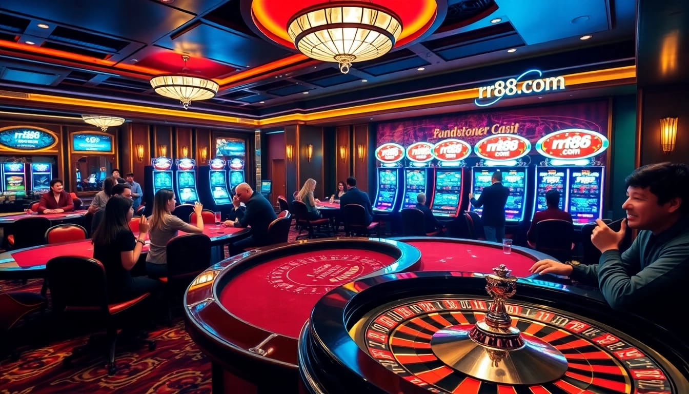 Experience the excitement at rr88.com with players enjoying poker and roulette in a luxurious casino setting.