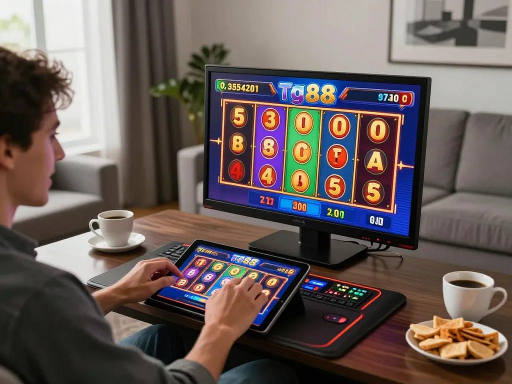 Player enjoying online slot game on tg88 with vibrant visuals in cozy home setting