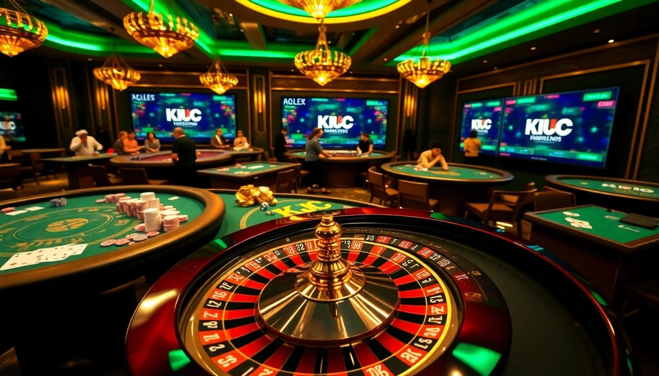 KJC casino players enjoying vibrant table games and exciting roulette spins in a luxury atmosphere.