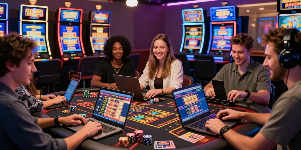 Exciting atmosphere of players enjoying games at online casinos that accept credit cards, featuring diverse engagement and lively promotions.