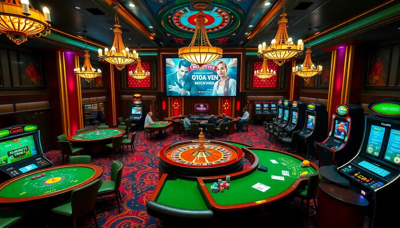 Engaging casino scene featuring chotruyen updates amidst roulette play and vibrant slot machines.