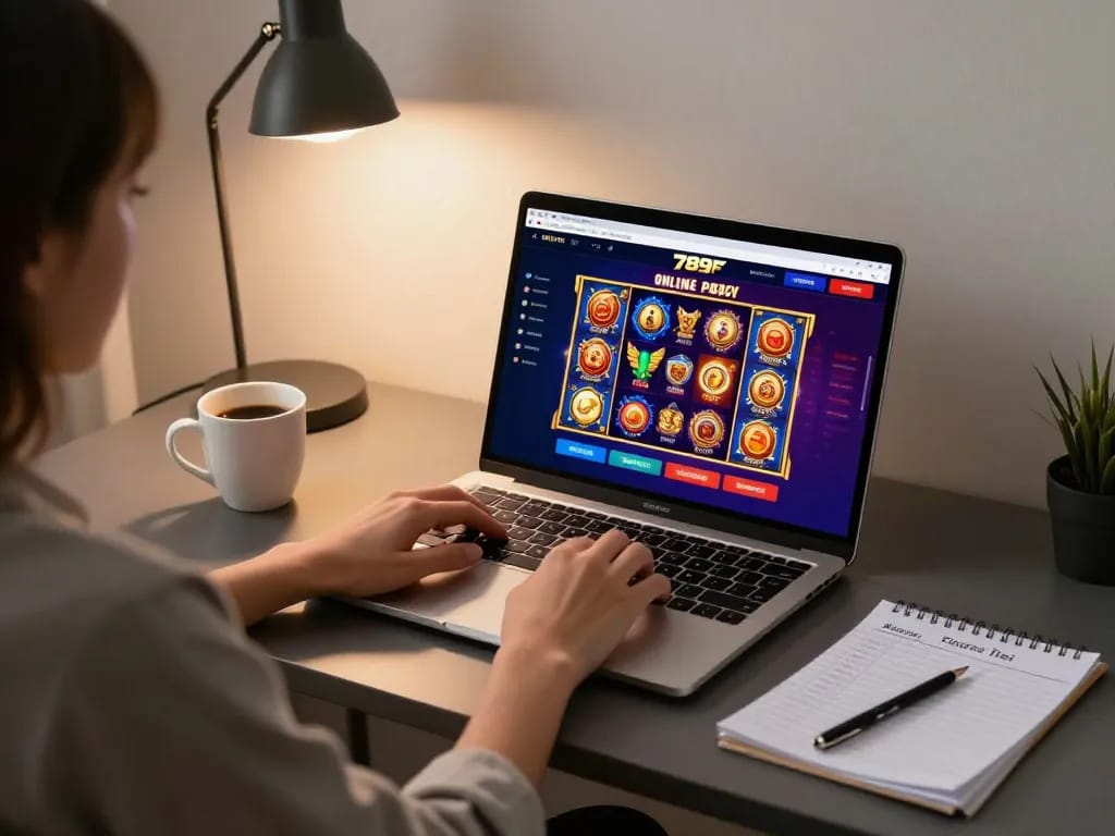 Engaging with 789F online casino on a laptop in a cozy home environment.