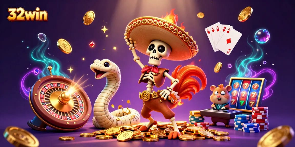 Experience the thrilling world of 32win with a dynamic casino celebration featuring vibrant characters and gambling elements.