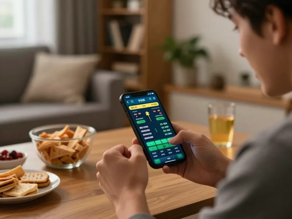 FLY88 user engaging in sports betting online from the comfort of their home sofa, showcasing the excitement of mobile gambling.