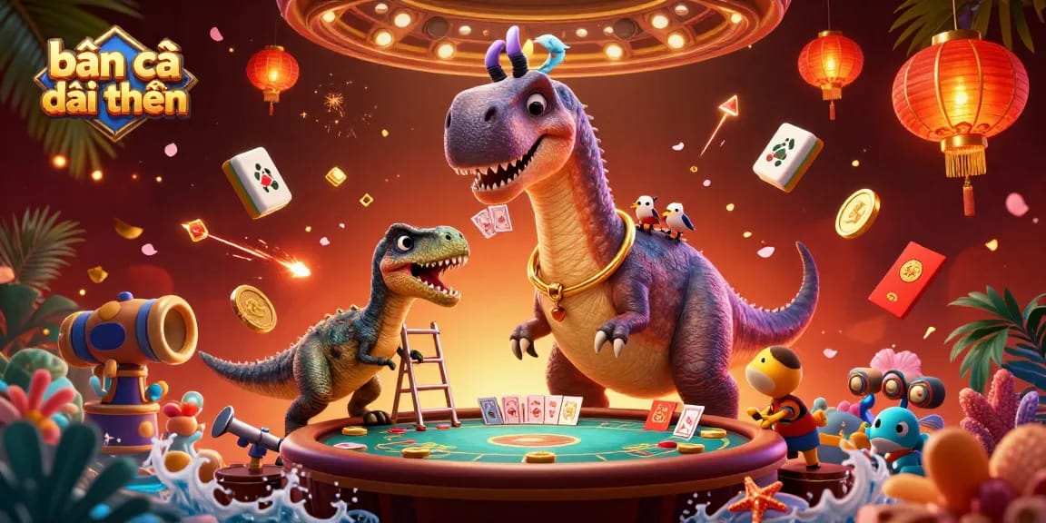 Engaging players with bắn cá đổi thưởng as a brontosaurus towers over a poker table while fish game elements surround them.
