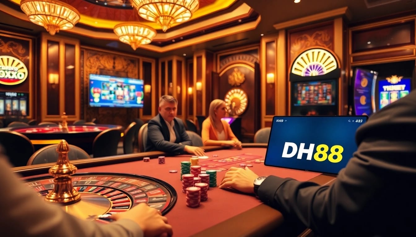 Experience the thrill at DH88's poker table, where players compete in a luxurious casino environment.