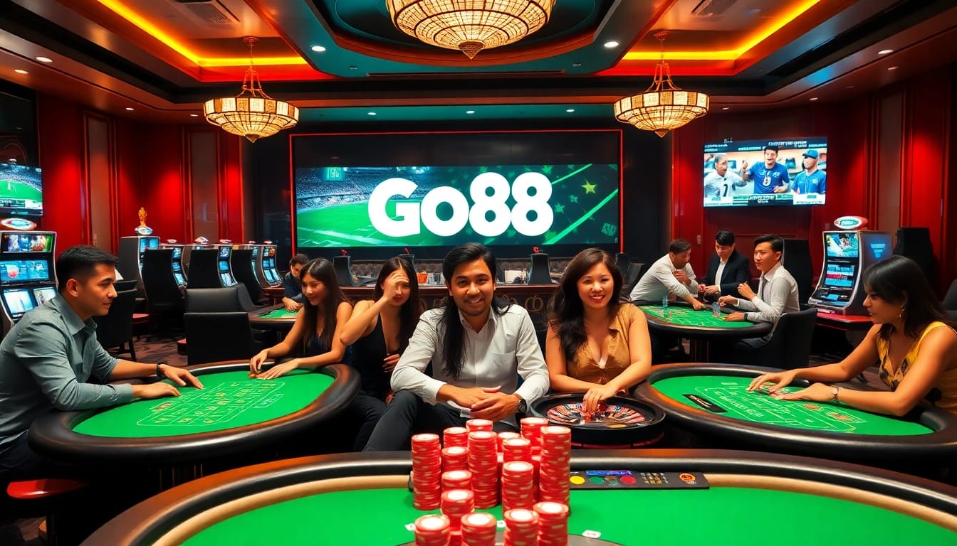 Exciting Go88 casino scene with players at tables and slot machines in a luxurious setting.