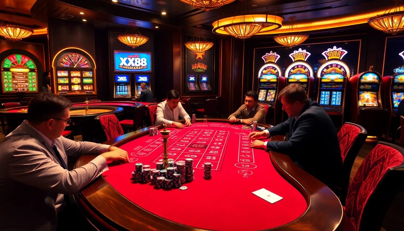 Experience the thrill of Baccarat at XX88, surrounded by vibrant casino décor and exciting gameplay.