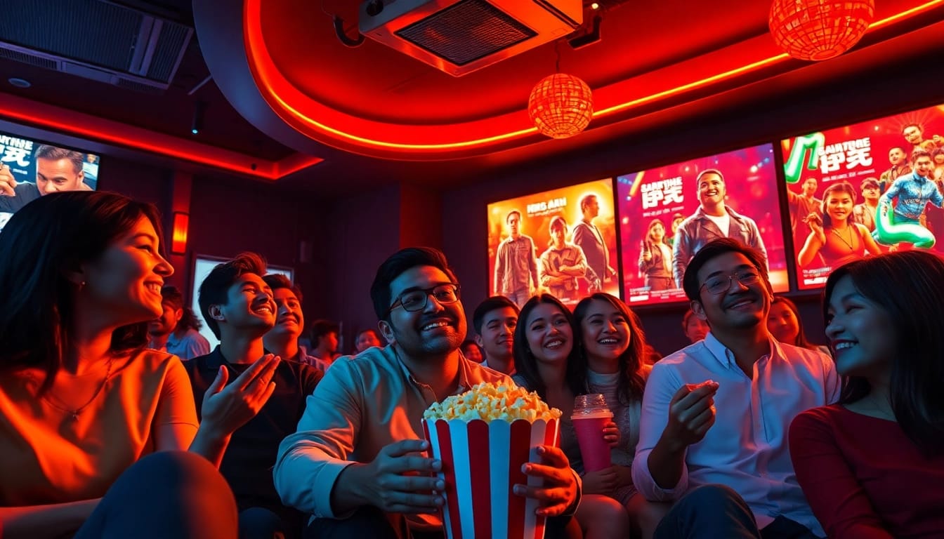 Nangcuc themed digital artwork showing diverse people enjoying films in an inviting movie atmosphere.