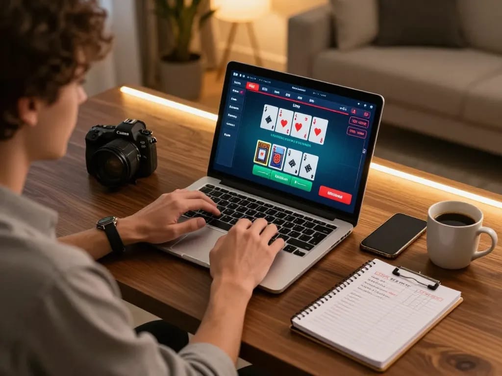 Engaged player strategizing in 23WIN online blackjack game using laptop and notes for better odds.