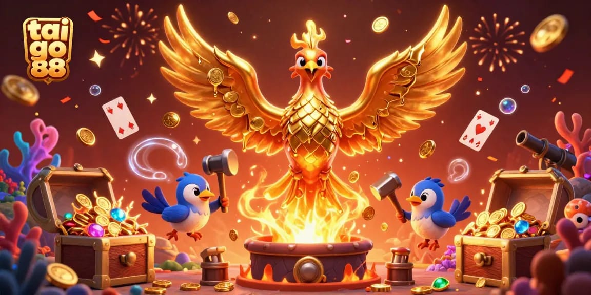 Engage with the vibrant world of tai go 88, featuring a golden phoenix, coins, and festive casino elements.