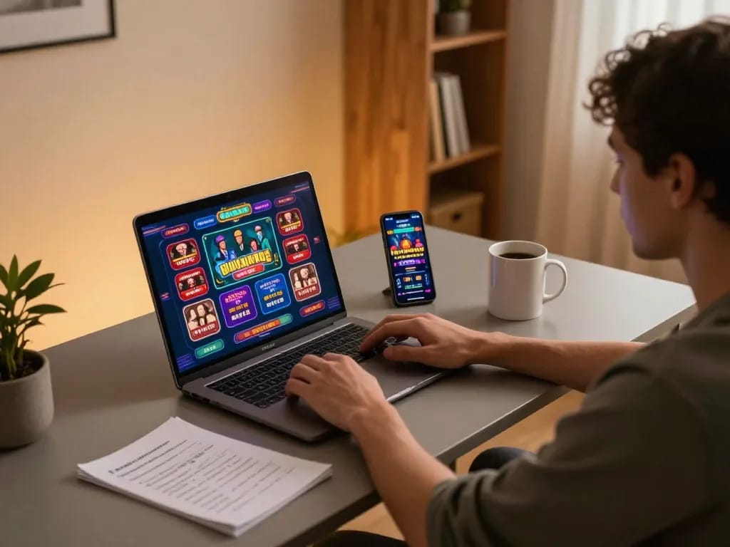 Engaging online gaming session at https://9bet9.in.net featuring laptop and betting strategies.