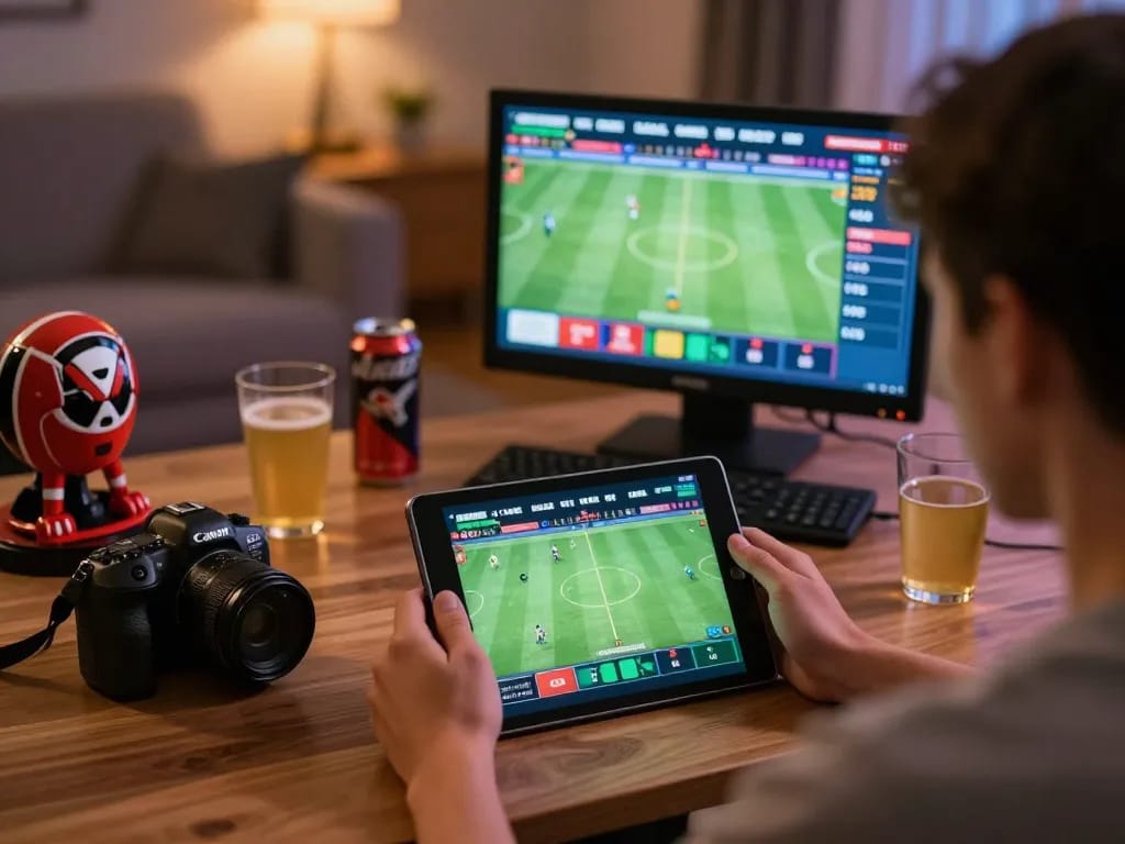 Engaging in sports betting with FC88 on a tablet in a cozy home setting.