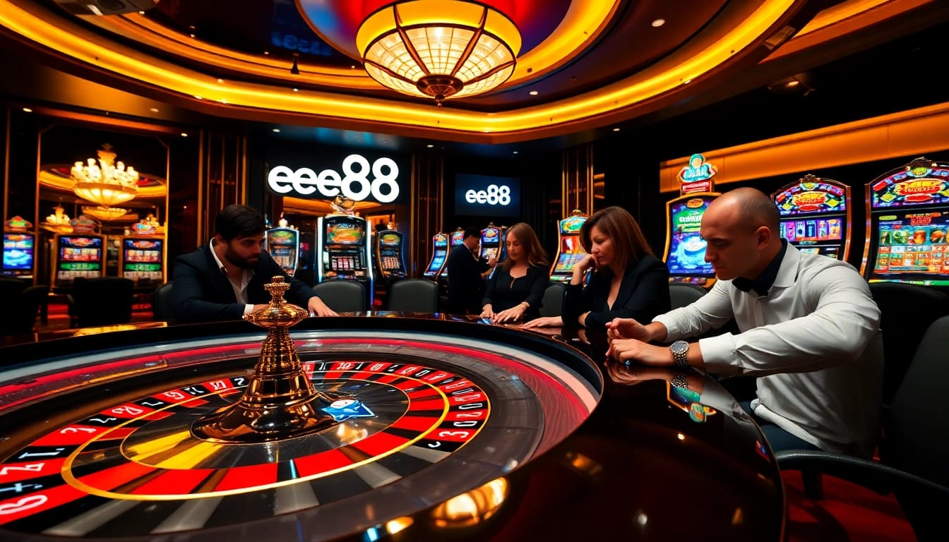 High-stakes gambling at a luxurious ee88 casino showcasing poker and roulette excitement.