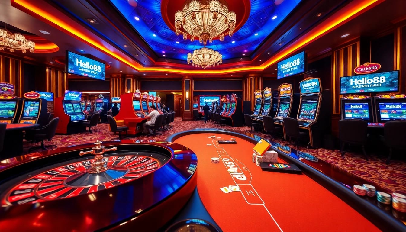 Join the excitement of online gaming with Hello88, featuring vibrant casino tables and intense poker action.