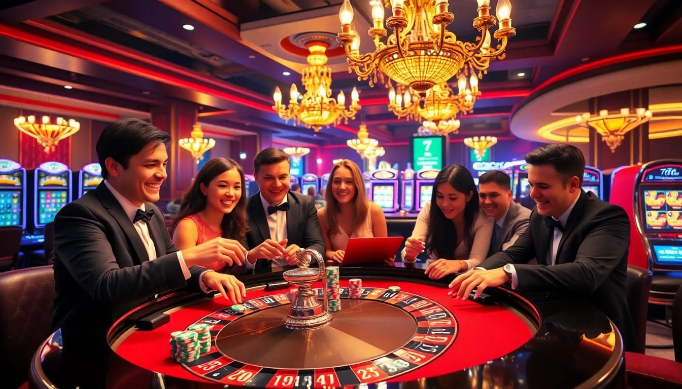 A group of players experiencing thrilling bets at 79king's luxurious casino with roulette table and colorful cards.