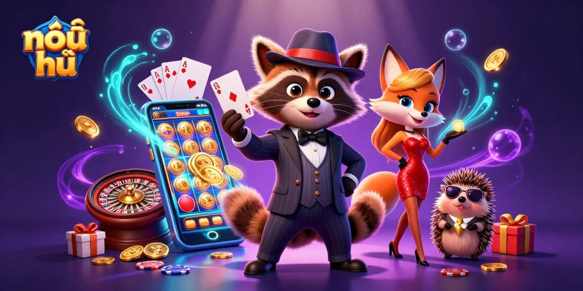 Experience nổ hũ excitement with a raccoon and fox in a dynamic casino scene full of vibrant gaming elements.
