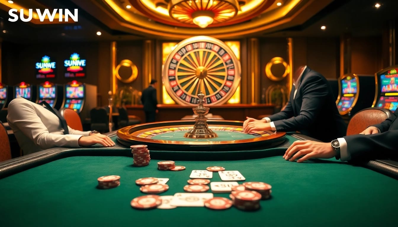 Players enjoying a thrilling poker game at SUNWIN casino with vibrant chips and glowing roulette wheel.