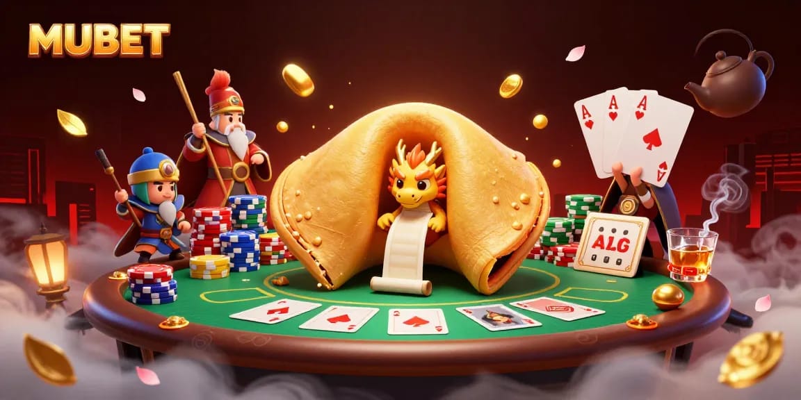 Engage with MUBET in a vibrant casino scene featuring a golden fortune cookie and wise dragon.
