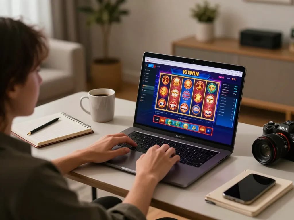 Kuwin online gaming setup featuring vibrant casino games on the laptop screen, showcasing responsible gambling.
