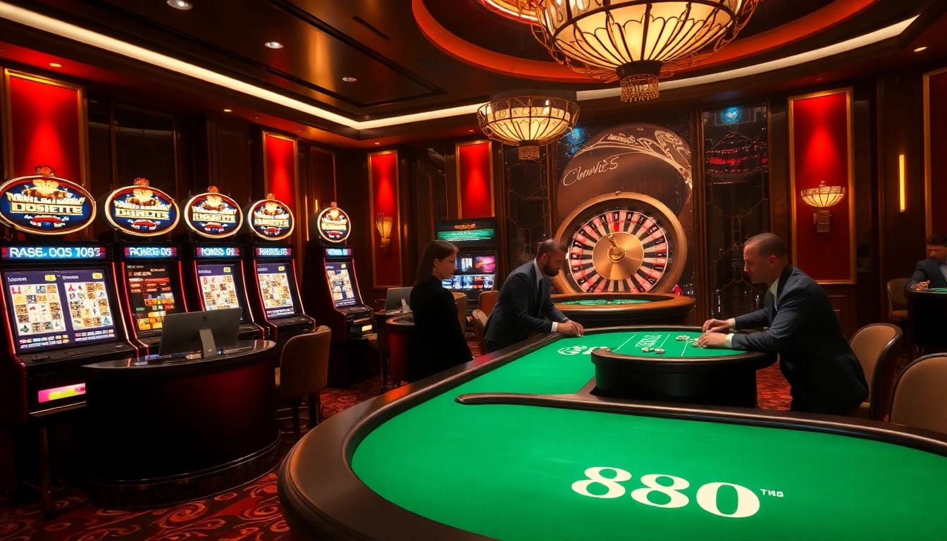 Players engaging at the TR88 poker table amidst glowing slot machines in a luxury casino.